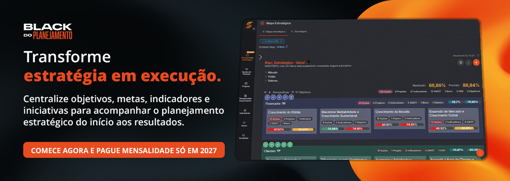 Metodologia OKR: guia rápido para aplicar 1 Banner Black do Planejamento Scoreplan: "Transforme estratégia em execução", com tela do sistema mostrando mapa estratégico e promoção "Comece agora e pague mensalidade só em 2027